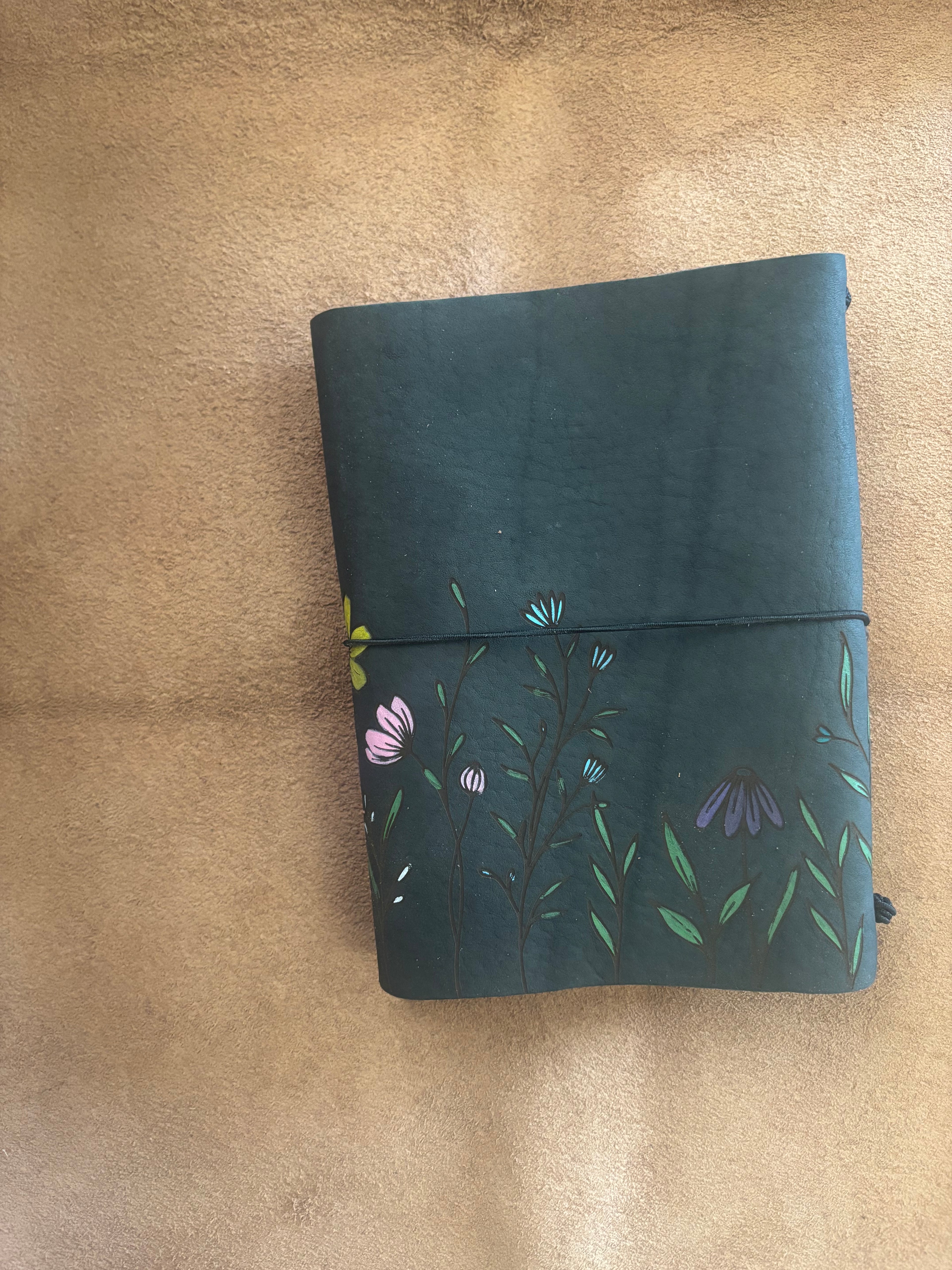 Handcrafted Leather Wildflower Journal Cover | Custom Tooled Leather Notebook Wrap