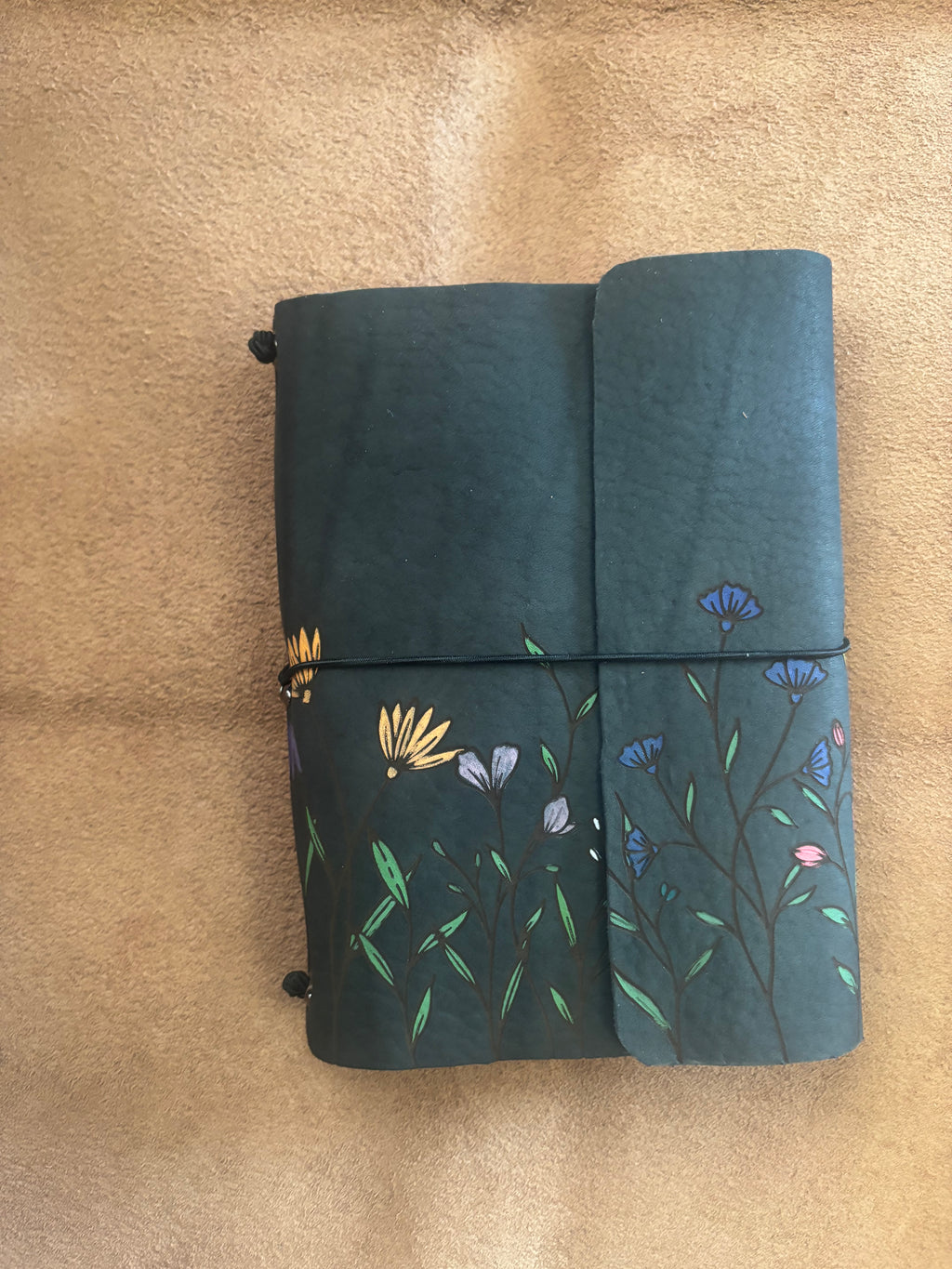 Handcrafted Leather Wildflower Journal Cover | Custom Tooled Leather Notebook Wrap